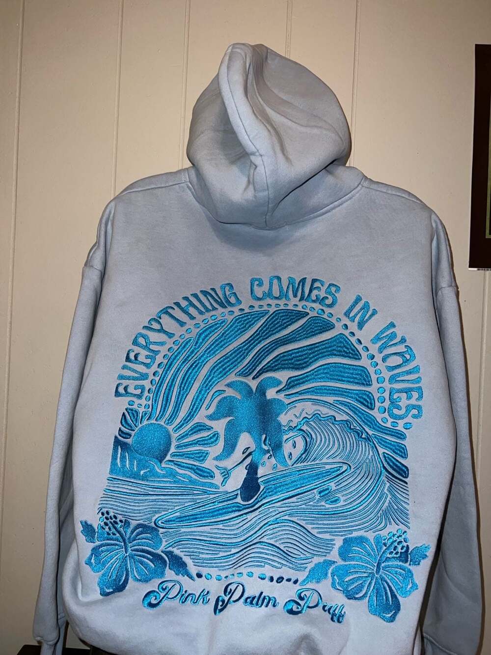 Pink Palm Puff Everything Comes In Waves Hoodie Blue Size Large